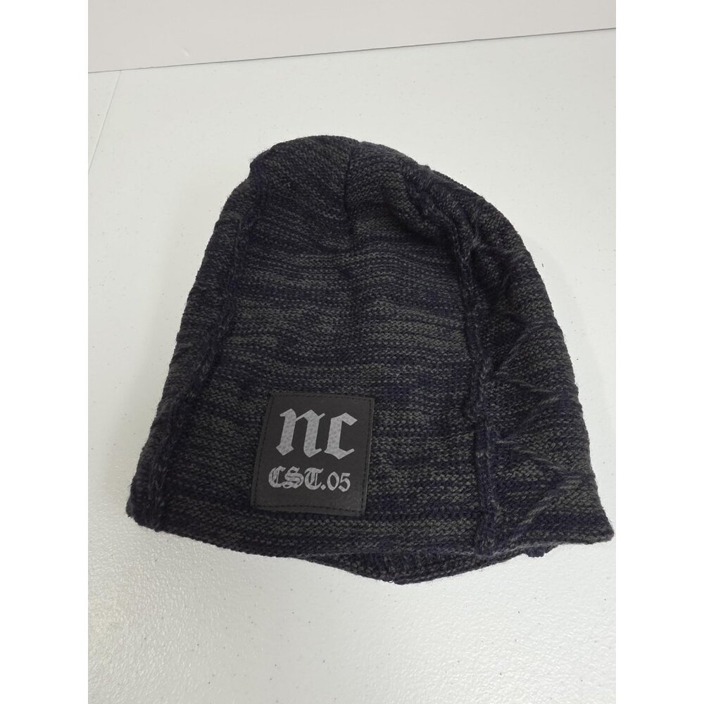 NC Hat Cap Fitted Mens Large Black Gray Knit Patch Winter Warm Beanie Acrylic